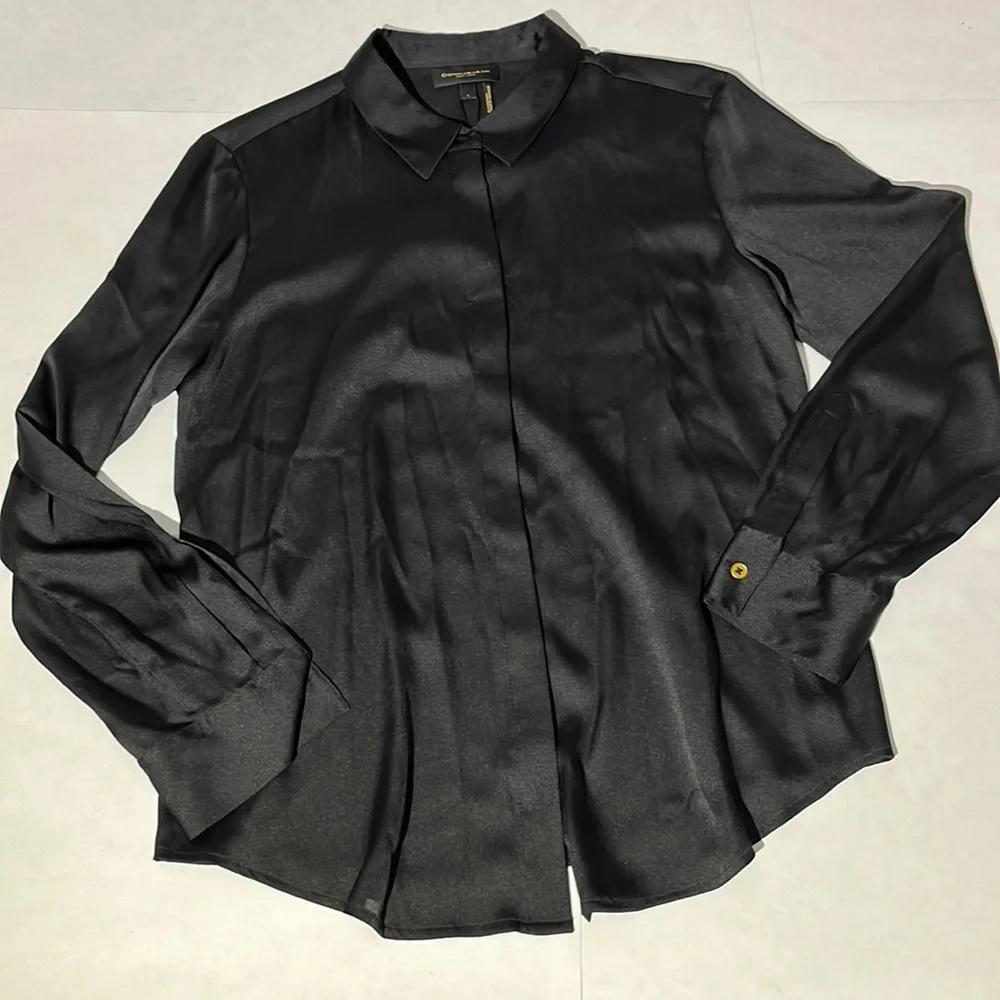 Donna Karan New York black button down long sleeved shirt blouse sz large NEW!